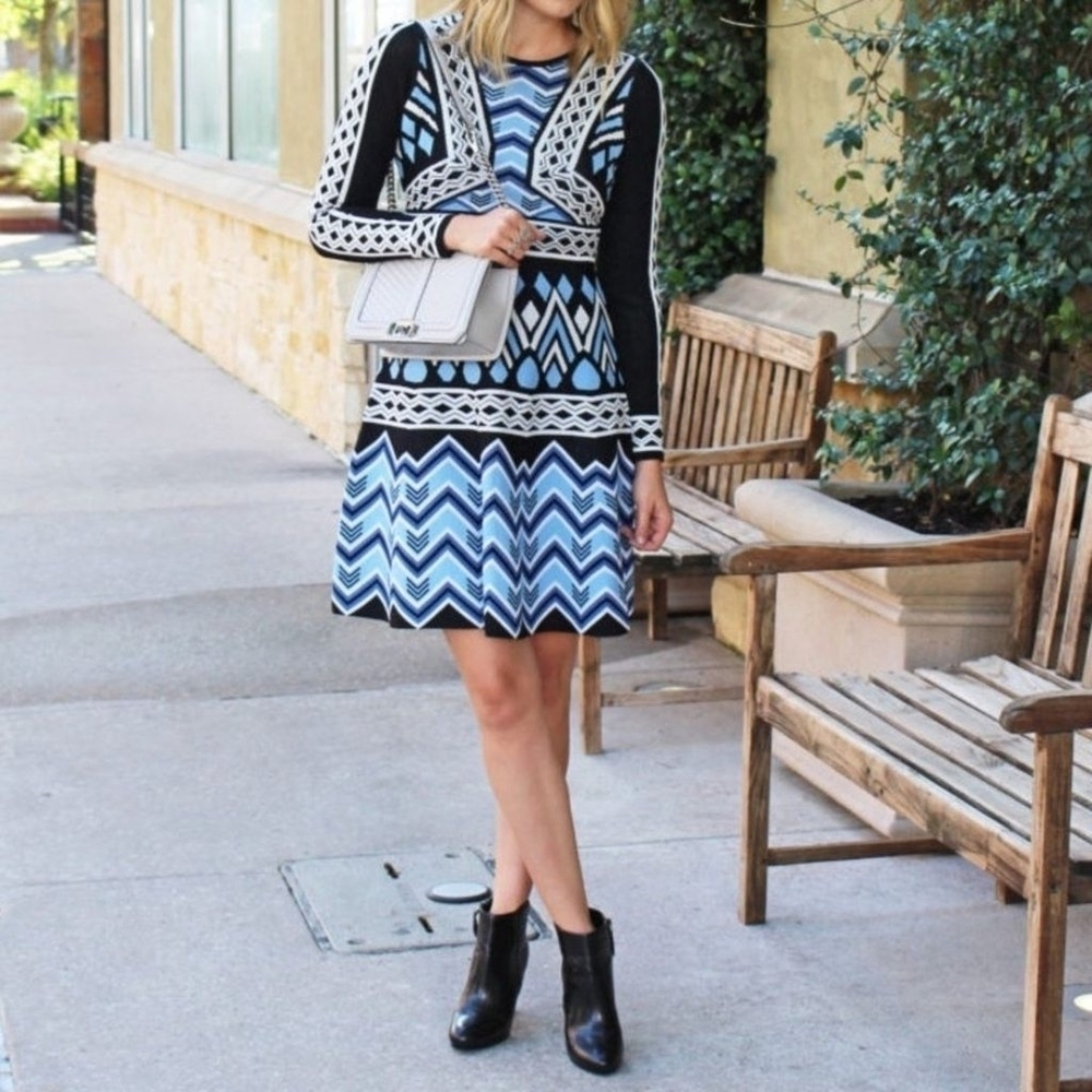 🔥ELIZA J Sweater Dress Fit Flare Long Sleeve Geometric Knee Length, Size PM